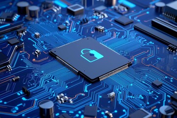 Poster - the concept of cybersecurity and safeguarding private information and data. locks on a blue integrat