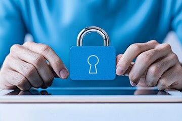 Poster - The image of a woman's hand on a tablet screen represents the verification of digital data security systems and the enforcement of cyber security and privacy data protection regulations.