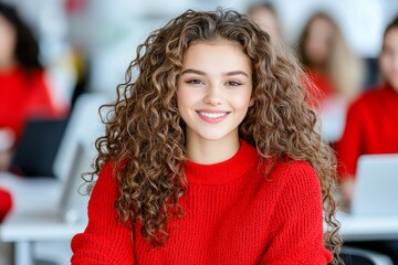 Poster - A happy young Latina businesswoman, working as an HR manager, engages in a virtual meeting or job interview from her office, discussing with her team or partner on a digital video call.