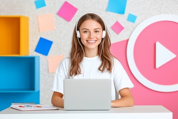 Poster - A cheerful mature businesswoman, who is a team leader and manager, participates in a hybrid office meeting. A happy, busy middle-aged female executive conducts an online interview via a video