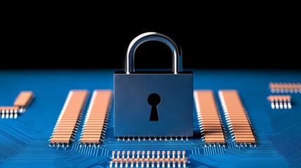 Poster - a digital padlock on a dark blue background, symbolizing cybersecurity technology for preventing fra