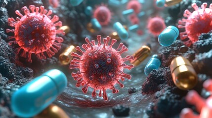Poster - Detailed depiction of viruses and pharmaceutical capsules in a microscopic environment