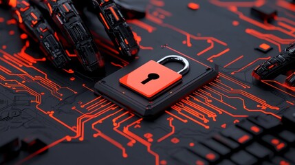 Poster - a pair of hands typing on a laptop keyboard, featuring a digital lock hologram, symbolizing cybersec