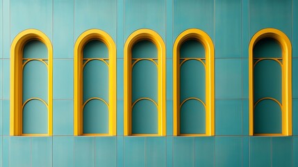 Poster - brightly colored wall featuring four arched yellow windows against a teal background in a modern set