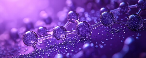 Poster - Close-up view of molecular structure on vibrant purple background. Transparent spheres linked by glass rods represent complex chemical biological structures. Scientific research, innovation in