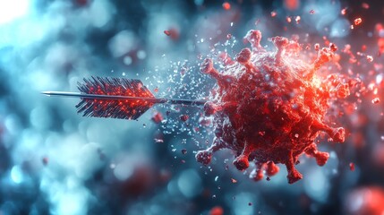 Poster - Dynamic arrow piercing through a vibrant abstract representation of a virus