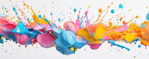 Aufkleber - Multicolored paint splashes explode against white backdrop. Abstract vibrant art. Dynamic motion. Creative design. Colorful chaos. Explosion of paint. Vivid colors mix. Modern style. Abstract art.