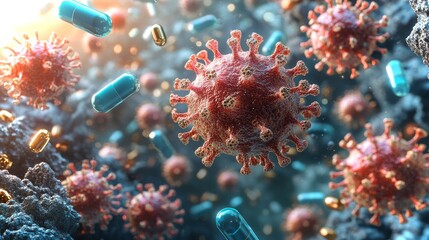 Poster - detailed depiction of viruses with capsules in a colorful microscopic environment