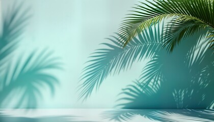 Poster - Empty space with soft blue color wall, palm shadows. Minimalist design. Suitable for presenting products like cosmetics. Tropical theme. Ideal for online shop catalog. Simple nature background.