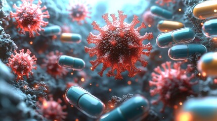 Poster - detailed representation of viruses and pills in a dynamic microenvironment