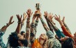 © munawaroh - A diverse group celebrates victory, raising a trophy high in a joyful moment.