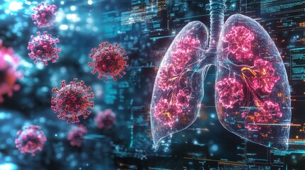 Poster - Lungs are illustrated with vivid detail showing viral particles amidst a digital backdrop