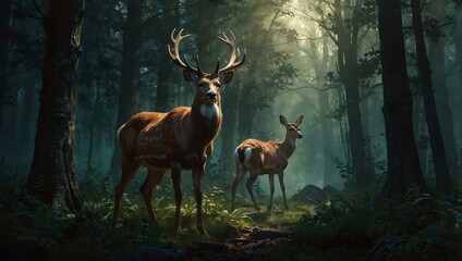 Wall Mural - Pair of deer standing in a forest, fantasy art style.