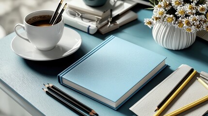 Poster - Creative workspace setup blue book mockup cozy desk lifestyle inspiration indoor environment focused perspective