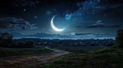 Poster - Crescent moon illuminating tranquil village at night serene landscape nature photography enchanted atmosphere