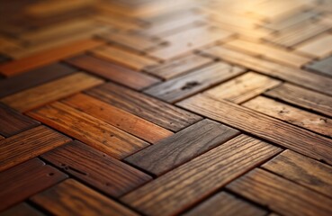 Poster - Close-up view of wooden table top. Intricate wood grain patterns, textures visible. Table crafted from pieces of wood arranged in herringbone pattern. Different shades of brown, natural wood tones
