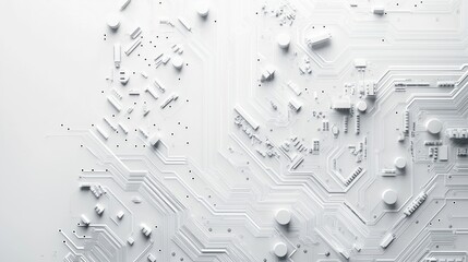 Poster - Abstract tech illustration shows detailed white circuit board. Complex intricate patterns, components. Modern design perfect for tech background. Suitable for presentations, digital projects. High