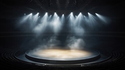 Poster - Empty stage arena with spotlights, smoke. Dark lighting effects create dramatic atmosphere. Concert venue theater empty awaiting event. Modern digital rendering of large auditorium with seating area.