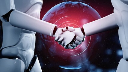 Poster - 3D rendering hominoid robot handshake to collaborate future technology development by AI thinking brain, artificial intelligence and machine learning process for 4th industrial revolution.