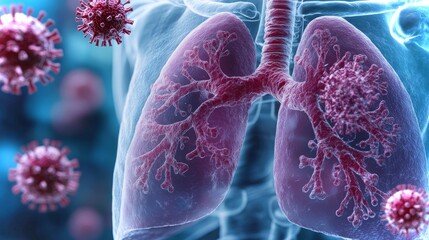 Poster - Highly detailed illustration showcasing human lungs affected by viruses in a vibrant setting