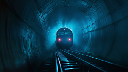 Poster - Subway train nearing through a dark tunnel, illuminated by blue lights on the tracks