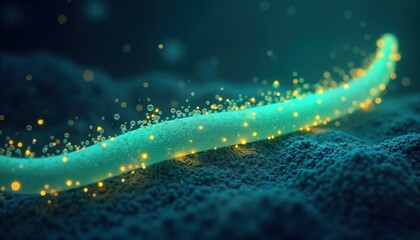 Aufkleber - Abstract illustration of glowing teal line with many small bright yellow dots. Line looks like cable network form. Background dark teal with small particles creating blurred texture. Image