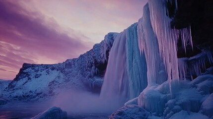 Wall Mural - Majestic Frozen Waterfall with Icicles at Dawn Frozen Waterfalls and Ice Formations ,Winter seasson, Happy New Year, Happy christmass