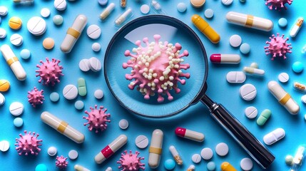 Poster - Various antiviral medications arranged with a magnifying glass highlighting a virus model