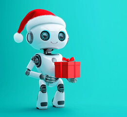 Wall Mural - Robot with a Christmas hat holding a red gift box against a bright blue background