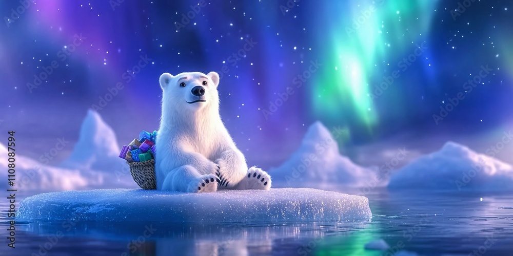 A polar bear is sitting on an ice floe in the ocean. The bear has a ...