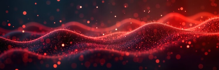 Fototapete - Dynamic abstract glowing red particles form flowing patterns on dark gradient background. Futuristic design with strong tech feel. Abstract wave-like structures create sense of motion, energy. Vivid
