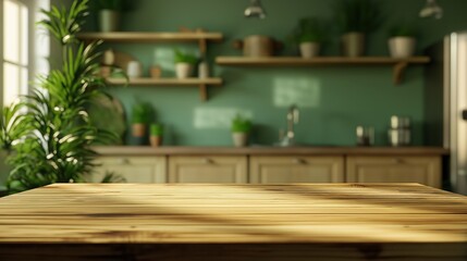 Aufkleber - Wooden table top in modern kitchen setting. Blurred backdrop of green kitchen with wooden shelves, cabinets. Plants add touch of nature to scene. Interior design style contemporary. Scene suitable
