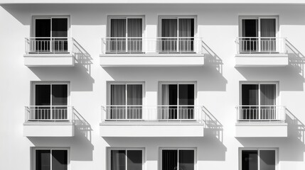 Poster - white building facade with multiple identical balconies and window designs in bright daylight