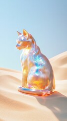 Poster - A holographic cat sculpture glows in vibrant colors under a clear blue sky, AI