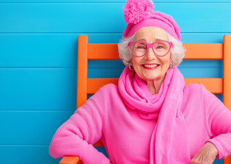 Wall Mural - Cheerful older woman in pink against a blue backdrop