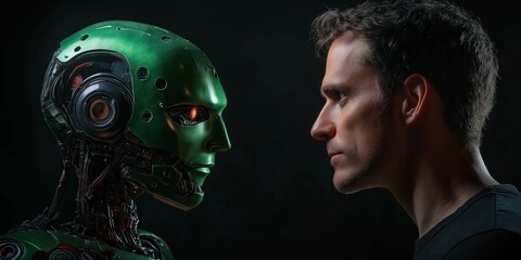 Aufkleber - Man, AI robot face. Dark background. Futuristic concept. Possible competition conflict between human, artificial intelligence. Man confronts advanced technology. Potential photo for sci-fi themed