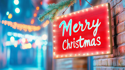 Wall Mural - Bright Christmas sign in festive city streets at night