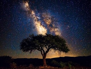 Wall Mural - The tree silhouette under the starry night with  bright milky way galaxy. 