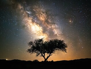 Wall Mural - The tree silhouette under the starry night with  bright milky way galaxy. 