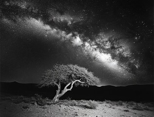 Wall Mural - The tree silhouette under the starry night with  bright milky way galaxy. 