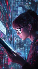Wall Mural - young woman engrossed in digital device surrounded by neon cityscape and futuristic data projections