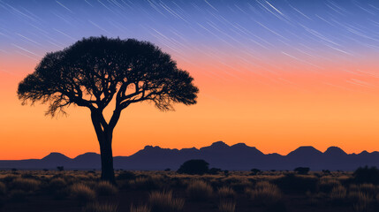 Wall Mural -  The tree stands tall against the night  sky with swirling star trails. Time-lapse photography with long exposure.