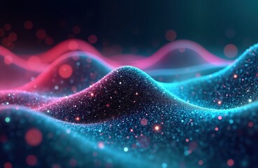 Poster - Futuristic abstract design with glowing neon waves. Pink, blue energy flows. Data transfer concept. High speed motion. Bokeh lights create dynamic effect. Abstract illustration for digital tech,