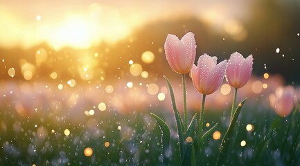 Wall Mural - Beautiful pink tulips with dew drops surrounded by warm bokeh lights in a serene setting