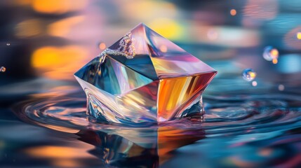 Wall Mural - Colorful crystal prism floats on water, creating ripples and reflections.