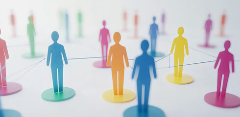 Poster - Colorful silhouettes connect in a network illustrating social relationships and interactions among diverse individuals
