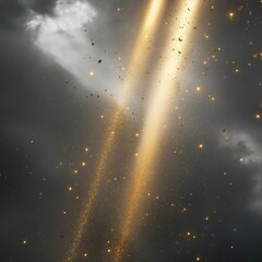 Poster - Gold beams pierce gray sky. Golden particles sparkle, fall. Intense spotlight effect creates dynamic contrast. Dramatic scene. Abstract design. Modern visual. High impact. Perfect for luxury brand.