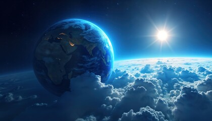 Aufkleber - Stunning view of earth floating among clouds in space. Bright sun shines above planet. Vast expanse of clouds surrounds globe. Beautiful natural colors. Cosmic, atmospheric scene. Explore universe
