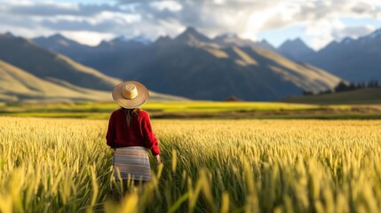 Wall Mural - person in a red sweater walking through golden fields with mountains in the background during a sunn