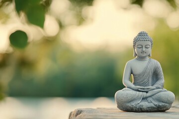 Canvas Print - Serene Buddha statue meditating by a tranquil water body during sunset